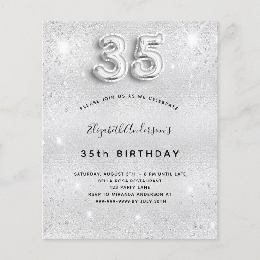 35歳の誕生日シルバーグリッターの予算招待状 チラシ (正面)