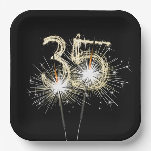 35歳の誕生日パーティーのスパークラー（黒背景） ペーパープレート (正面)