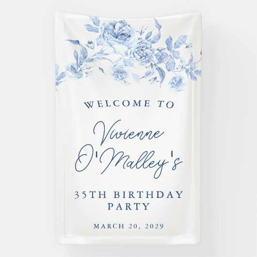 35歳の誕生日パーティーのブルーフローラルバナー 横断幕 (縦)