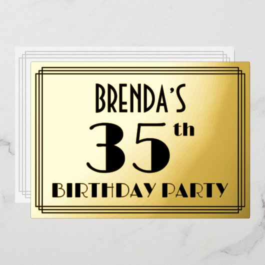 35歳の誕生日パーティー - アールデコ調の「35」+名前 箔招待状 (正面/裏面)