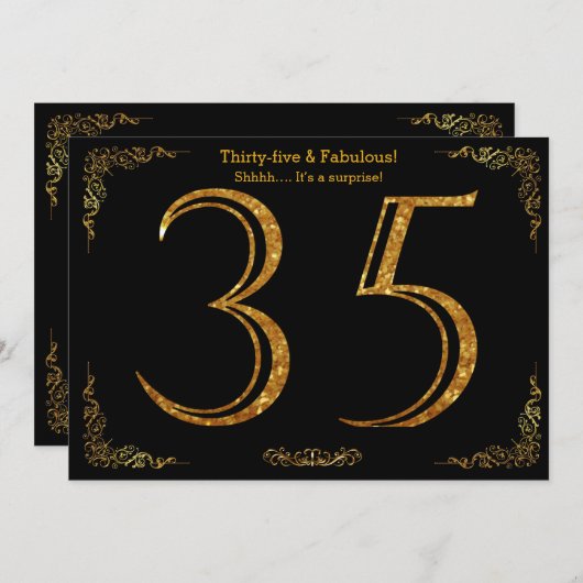 35歳の誕生日パーティー,ギャツビースタイル,ブラック金ゴールドグリッター 招待状 (正面/裏面)