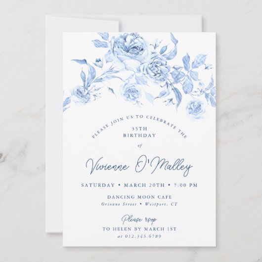 35歳の誕生日パーティー ダスティーブルー 花 招待状 (正面)