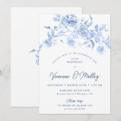 35歳の誕生日パーティー ダスティーブルー 花 招待状 (正面/裏面)
