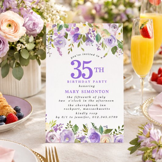 35歳の誕生日パーティー 紫のバラの花のデザイン 招待状