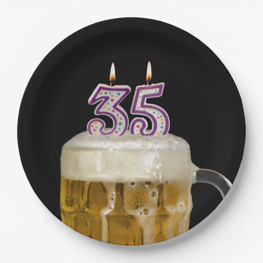 35歳の誕生日ビール 黒背景 ペーパープレート (正面)