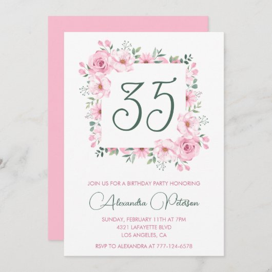 35歳の誕生日招待状フローラエレガントピンク 招待状 (正面/裏面)