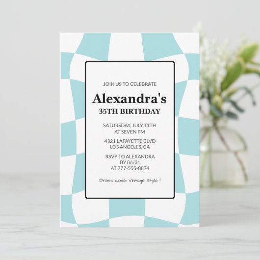 35歳の誕生日招待状レトロブルー 招待状 (スタンド正面)