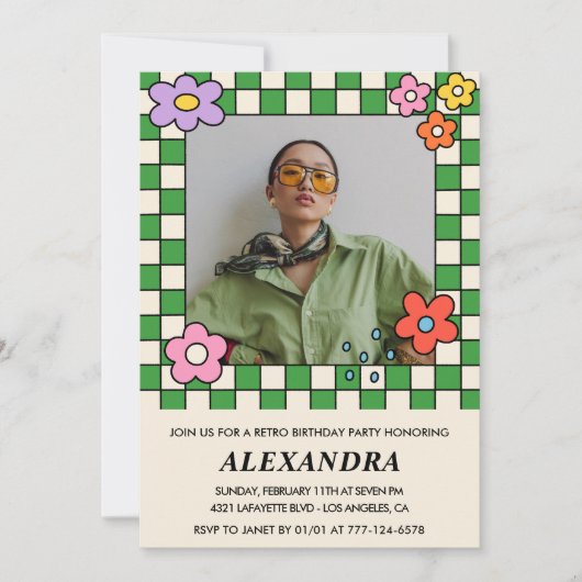 35歳の誕生日招待状レトロGroovy花 招待状 (正面)