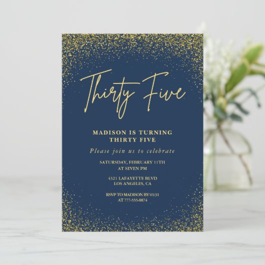 35歳の誕生日招待状金ゴールドネイビーグリッター 招待状 (スタンド正面)