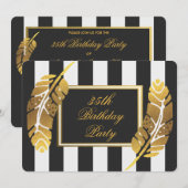 35歳の誕生日 ゴールドの羽根 ブラック＆ホワイトのストライプ 招待状 (正面/裏面)