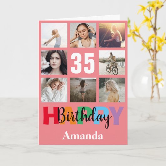 35番目のハッピーバースデーフォトコラージュピモダンンクカード カード (黄色い花)