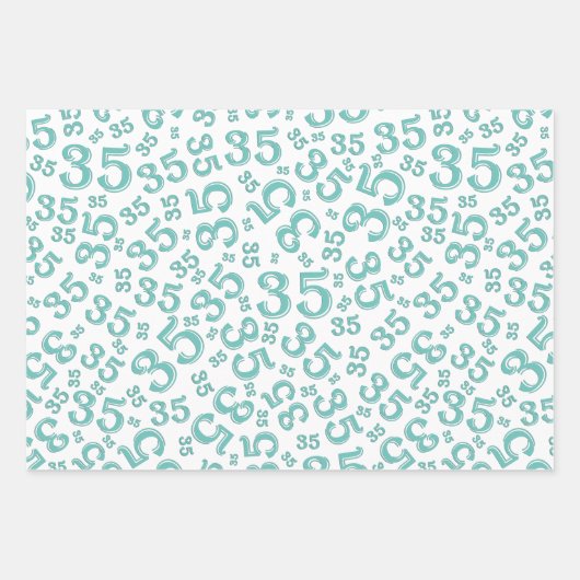 35番目の誕生日ティール(緑がかった色)と白い数字のパターン35 ラッピングペーパーシート (正面2)