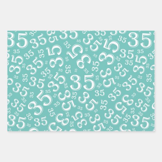 35番目の誕生日ティール(緑がかった色)と白い数字のパターン35 ラッピングペーパーシート (正面)