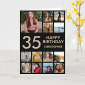 35番目の誕生日フォトコラージュ13枚の写真(黒と金ゴールド) カード (黄色い花)