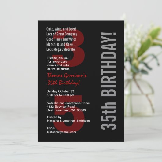 35番目の誕生日モダン白黒レッドメタル 招待状 (スタンド正面)