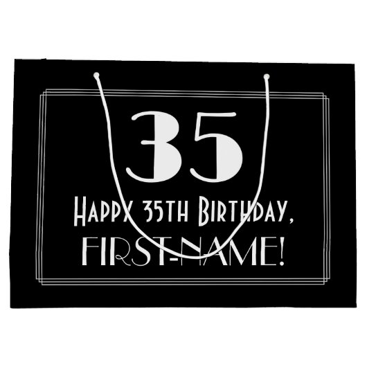 35番目の誕生日:インスパイアアールデコスタイル「35」、名前 ラージペーパーバッグ (裏面)