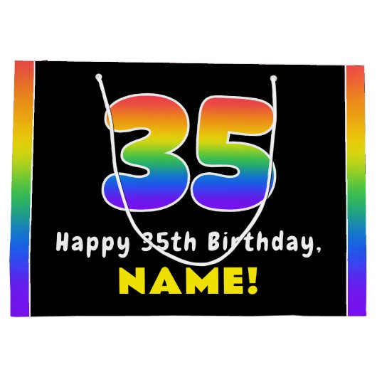 35誕生日カラフル:レインボー# 35,名前をカスタムする ラージペーパーバッグ (裏面)
