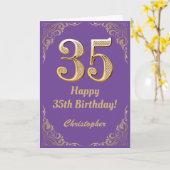 35誕生日紫と金ゴールドグリッターフレーム カード (黄色い花)