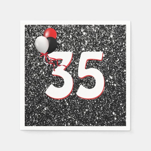35誕生日風船オンブラックグリッターナプキンス スタンダードカクテルナプキン (正面)