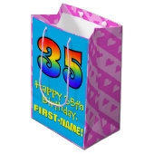 35誕生日:おもしろいピンクハートストライプ、レインボー35 ミディアムペーパーバッグ (正面アングル)