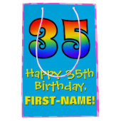 35誕生日:おもしろいピンクハートストライプ、レインボー35 ミディアムペーパーバッグ (正面)