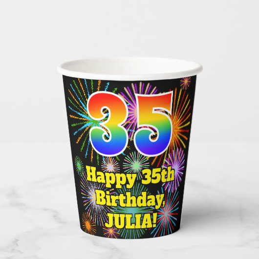 35誕生日:おもしろい花火パターン+虹35 紙コップ (裏面)