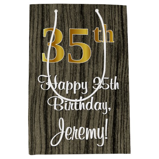 35誕生日:エレガントフェイク金ゴールドルック#,フェイク Wood ミディアムペーパーバッグ (正面)