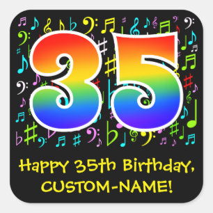 35誕生日:カラフル音楽シンボル、レインボー35 スクエアシール
