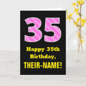 35誕生日:ピンクストライプのハートと35" +名前 カード (黄色い花)