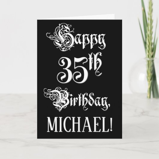 35誕生日:、ファンシースクリプエレガントト+名前をカスタムする カード (正面)