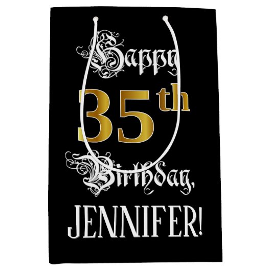 35誕生日～ファンシースクリプト；フェイク金ゴールド検索；名前 ミディアムペーパーバッグ (正面)