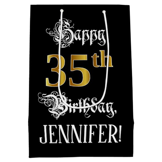 35誕生日～ファンシースクリプト；フェイク金ゴールド検索；名前 ミディアムペーパーバッグ (裏面)