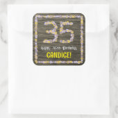 35誕生日:フローラ番号フェイク、木目、名前 スクエアシール (バッグ)