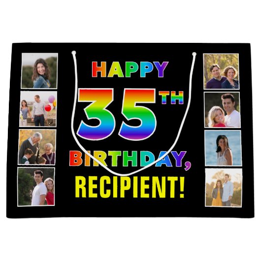 35誕生日：レインボー文字カスタム、写真&名前 ラージペーパーバッグ (正面)