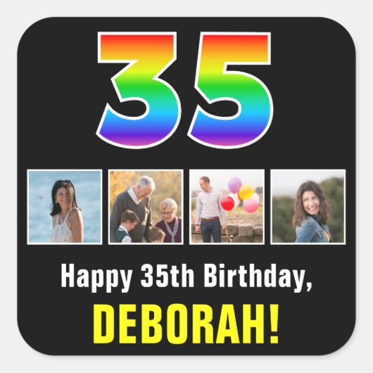 35誕生日：レインボー「35」、写真カスタムと名前 スクエアシール (正面)