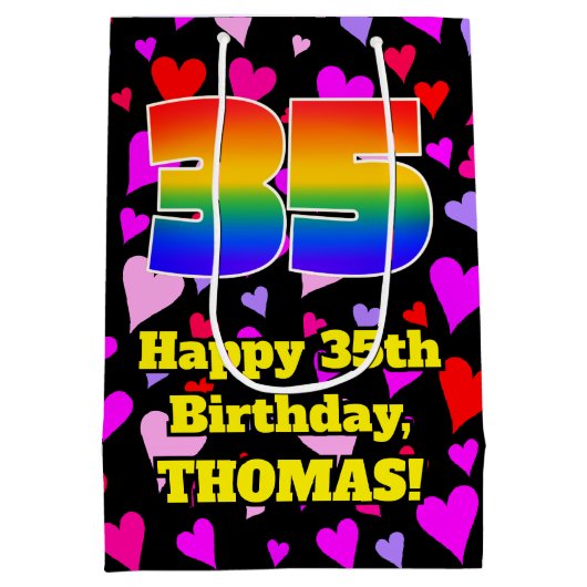 35誕生日：愛するハートパターン、虹# 35 ミディアムペーパーバッグ (裏面)