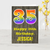 35誕生日:素朴ウッドルックフェイク、レインボー"35" カード (黄色い花)