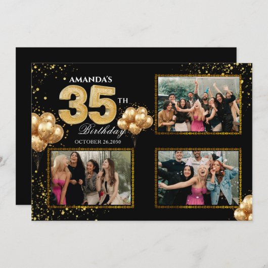 35 th Birthday Gold Silver Black Balloons 招待状 (正面/裏面)