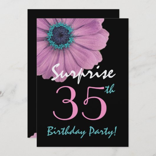 35thサプライズ誕生日ピンクかわいらしデイジーメタリック 招待状 (正面/裏面)