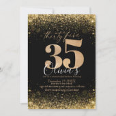 35thモダンバースデーパーティーブラック金ゴールドグリッター 招待状 (正面)