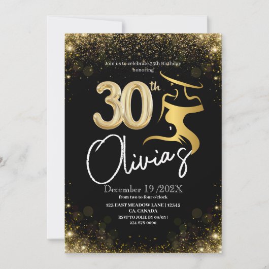 35thモダンバースデーパーティーブラック金ゴールドドレスシャイン 招待状 (正面)