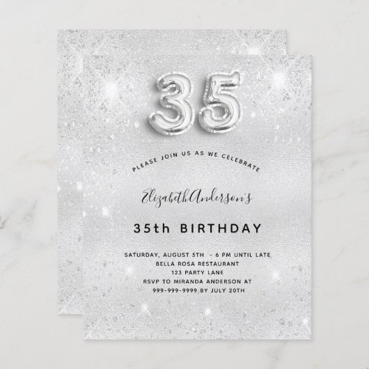 35th誕生日シルバーグリッター予算の招待 (正面/裏面)