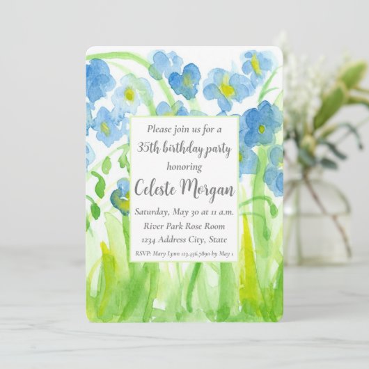 35th誕生日パーティーの招待状ブルーワイルドフラワー 招待状 (スタンド正面)