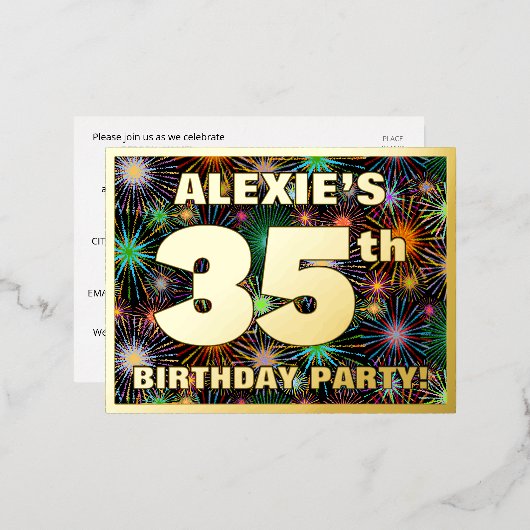 35th誕生日パーティーはっきりした:, カラフル Fireworks Look 箔招待状ポストカード (正面/裏面)