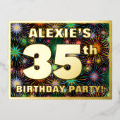35th誕生日パーティーはっきりした:, カラフル Fireworks Look 箔招待状ポストカード (正面)
