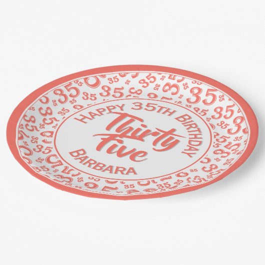 35th誕生日パーティー番号パターンコーラル/ホワイト ペーパープレート (アングル)