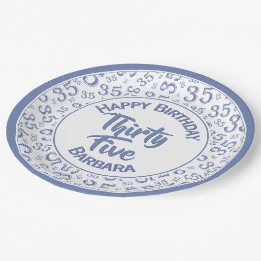 35th誕生日パーティー番号パターンブルー/ホワイト ペーパープレート (アングル)