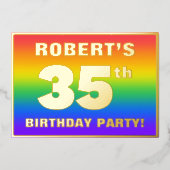35th誕生日パーティー:おもしろいカラフル、レインボーパターン 箔招待状 (正面)