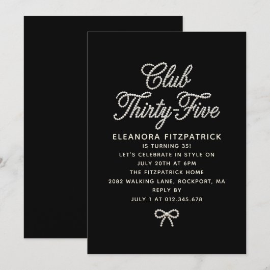 35th Birthday Black White Pearl Script Bow 招待状 (正面/裏面)