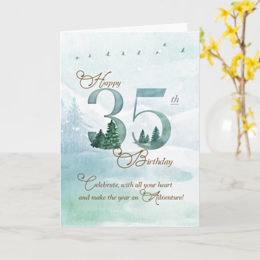 35th Birthday Evergreen Pines and Deer Nature カード (黄色い花)